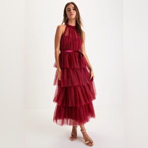 Lulu’s L Wondrous Glamour Wine Red Tulle Tiered Halter Mid Dress
